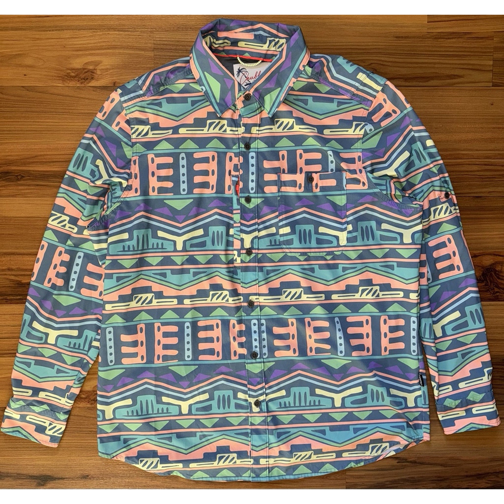 Chubbies Men’s L Stretch Button Up Shirt Geometric Print Golf Tropical Resort